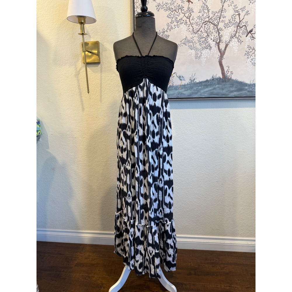 Raviya Womens Small Black White Ikat Smocked Halter Maxi Dress Tiered Boho Rayon